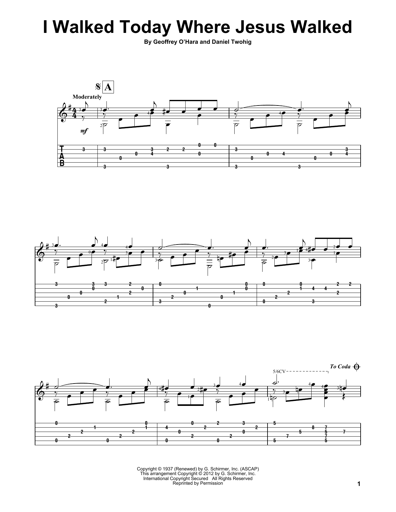 Daniel Twohig I Walked Today Where Jesus Walked Sheet Music Notes & Chords for Guitar Tab - Download or Print PDF