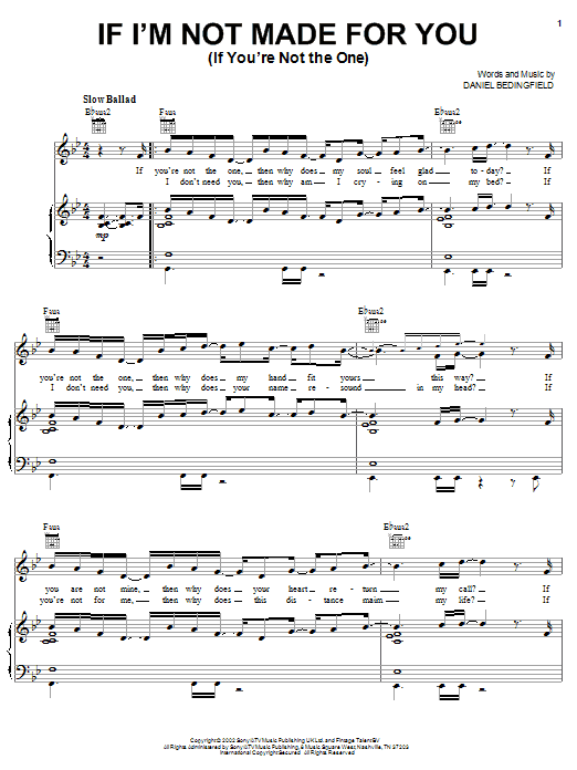 Preview Daniel Bedingfield If I'm Not Made For You (If You're Not The One) Pop sheet music, notes and chords for Piano, Vocal & Guitar (Right-Hand Melody), SKU: 23393 sheet music, piano notes, chords, guitar tabs, score, transpose, transcribe, how to play, guide, download, learn, tutorial, progression, song, artist, awards, billboard, mtv, vh1, tour, single, album, release