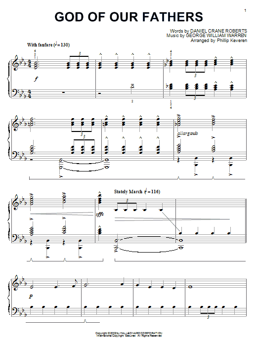 Preview Daniel Crane Roberts God Of Our Fathers American sheet music, notes and chords for Piano, SKU: 50110 God Of Our Fathers sheet music