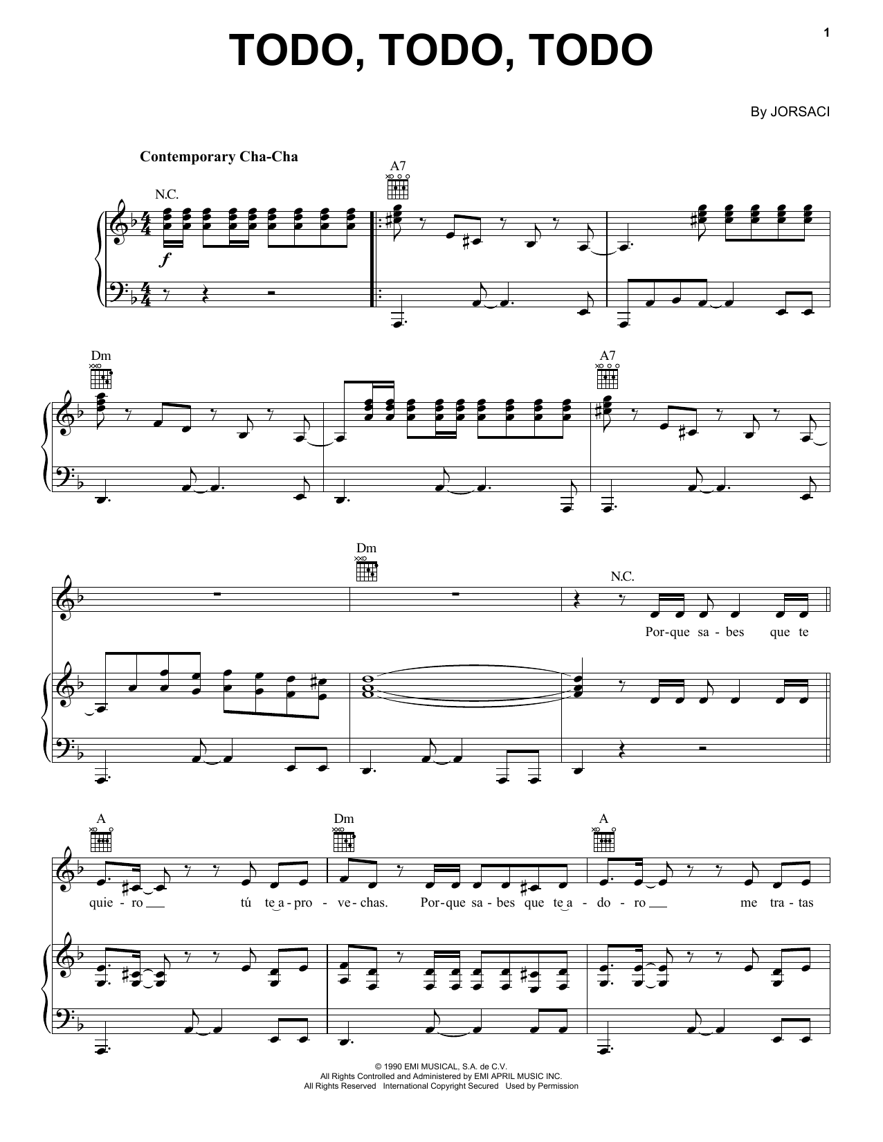 Daniela Romo Todo, Todo, Todo Sheet Music Notes & Chords for Piano, Vocal & Guitar Chords (Right-Hand Melody) - Download or Print PDF