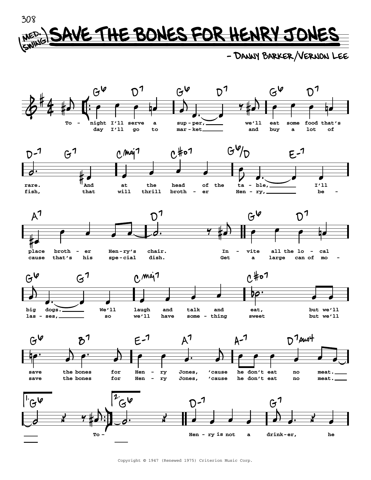 Danny Barker Save The Bones For Henry Jones (High Voice) Sheet Music Notes & Chords for Real Book – Melody, Lyrics & Chords - Download or Print PDF