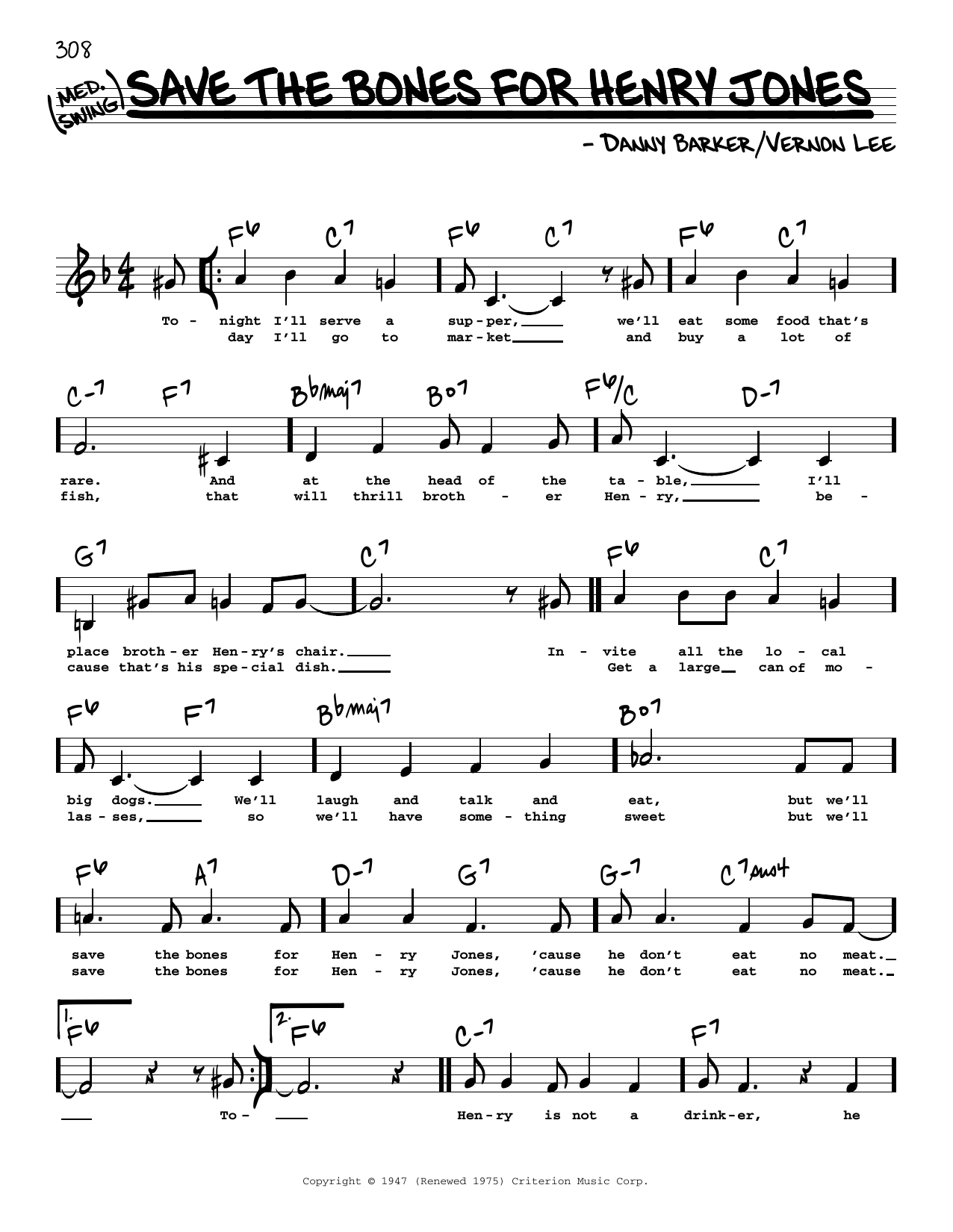 Danny Barker Save The Bones For Henry Jones (Low Voice) Sheet Music Notes & Chords for Real Book – Melody, Lyrics & Chords - Download or Print PDF