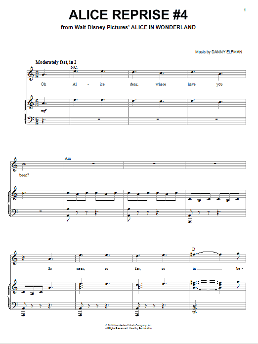 Danny Elfman Alice Reprise #4 Sheet Music Notes & Chords for Piano, Vocal & Guitar (Right-Hand Melody) - Download or Print PDF