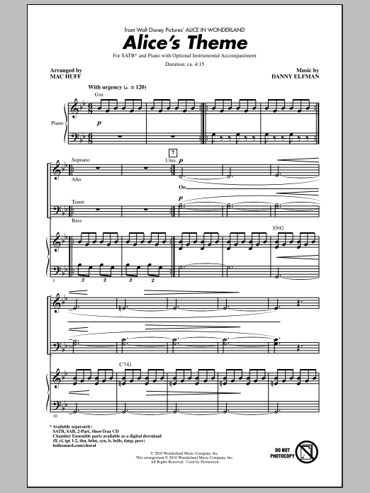 Danny Elfman Alice's Theme (from Alice In Wonderland) (arr. Mac Huff) Sheet Music Notes & Chords for SAB - Download or Print PDF