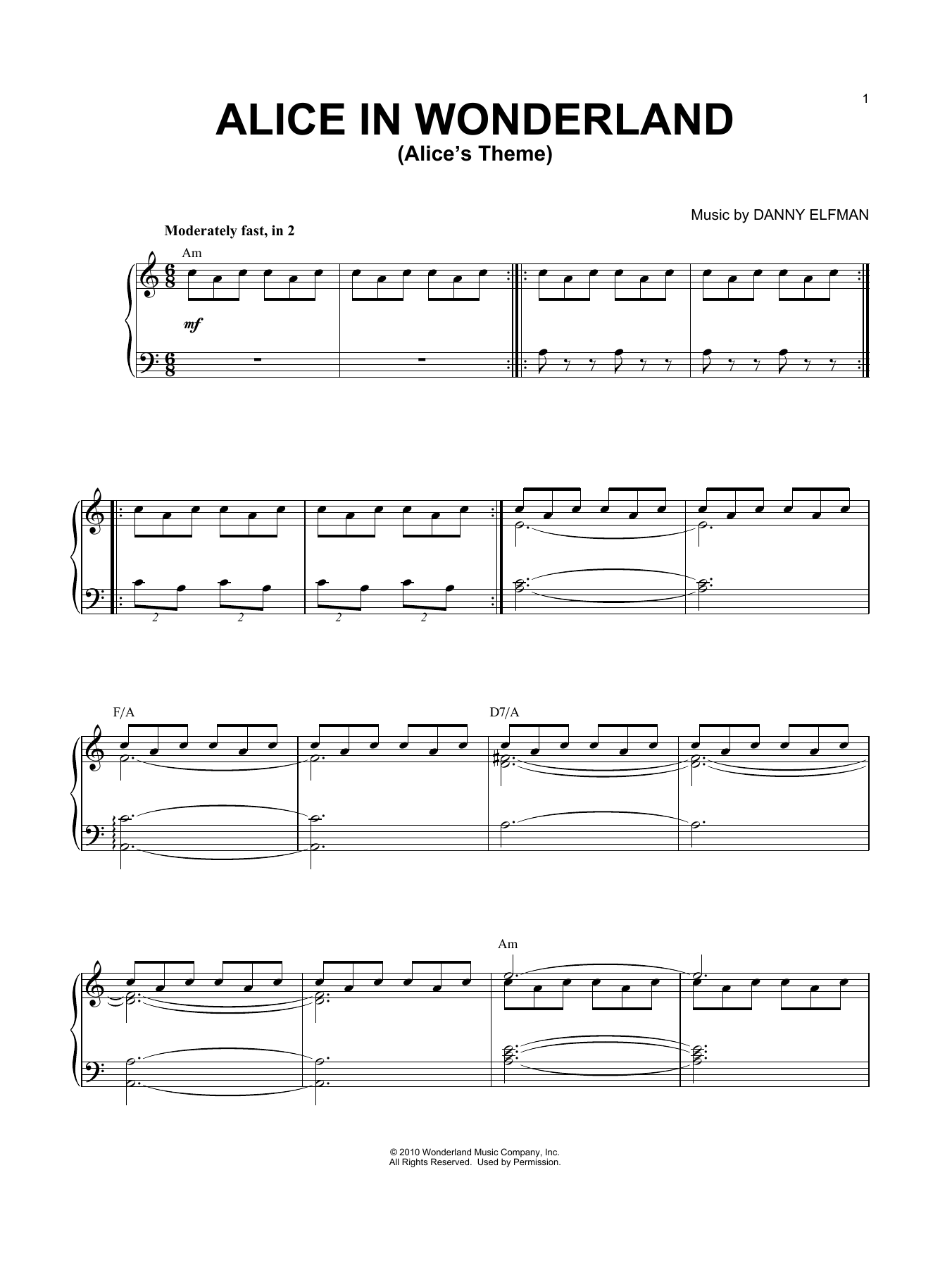 Danny Elfman Alice's Theme Sheet Music Notes & Chords for Easy Piano - Download or Print PDF