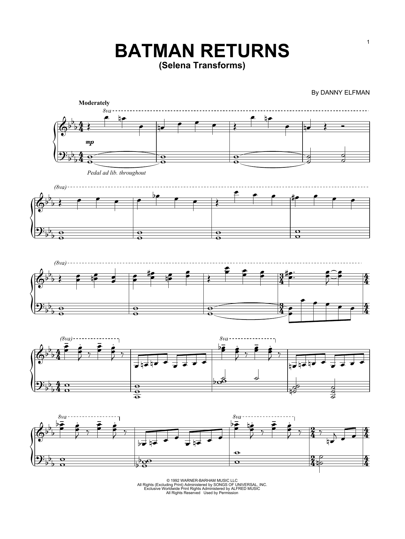 Danny Elfman Batman Returns (Selena Transforms) Sheet Music Notes & Chords for Piano Solo - Download or Print PDF