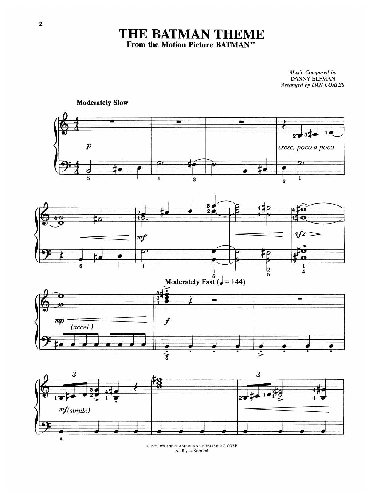 Danny Elfman Batman Theme (from Batman) (arr. Dan Coates) Sheet Music Notes & Chords for Easy Piano - Download or Print PDF