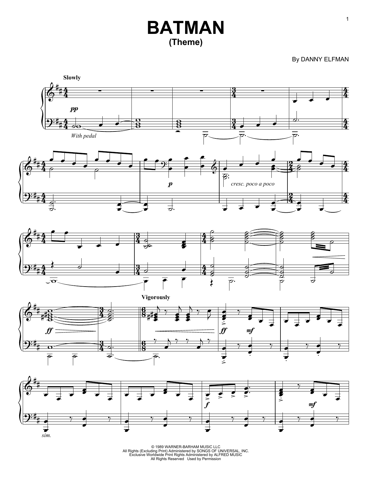 Danny Elfman Batman Theme Sheet Music Notes & Chords for Easy Piano - Download or Print PDF
