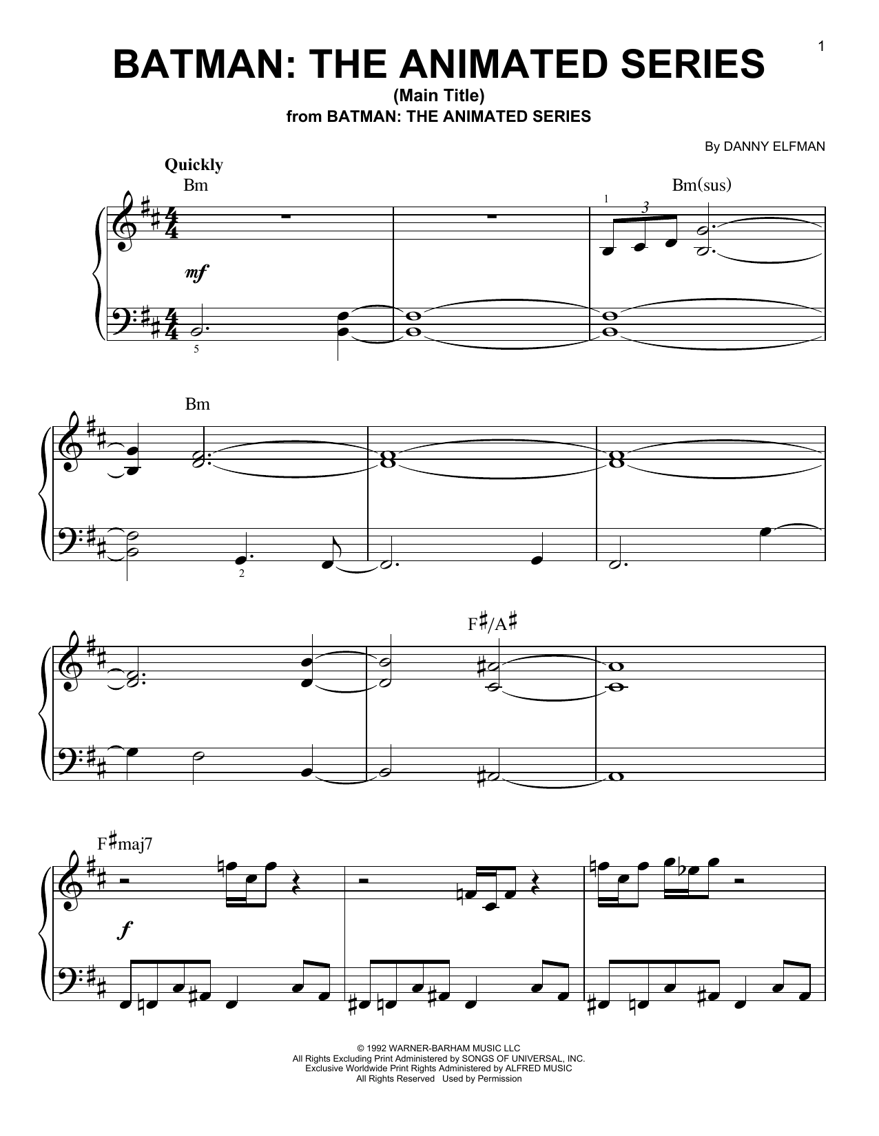 Danny Elfman Batman: The Animated Series (Main Title) Sheet Music Notes & Chords for Easy Piano - Download or Print PDF
