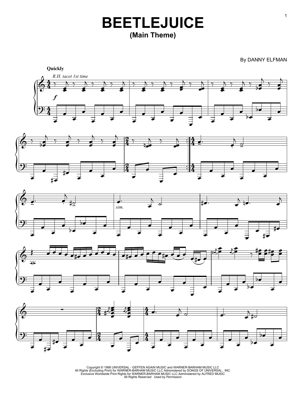 Danny Elfman Beetlejuice (Main Theme) Sheet Music Notes & Chords for Piano - Download or Print PDF