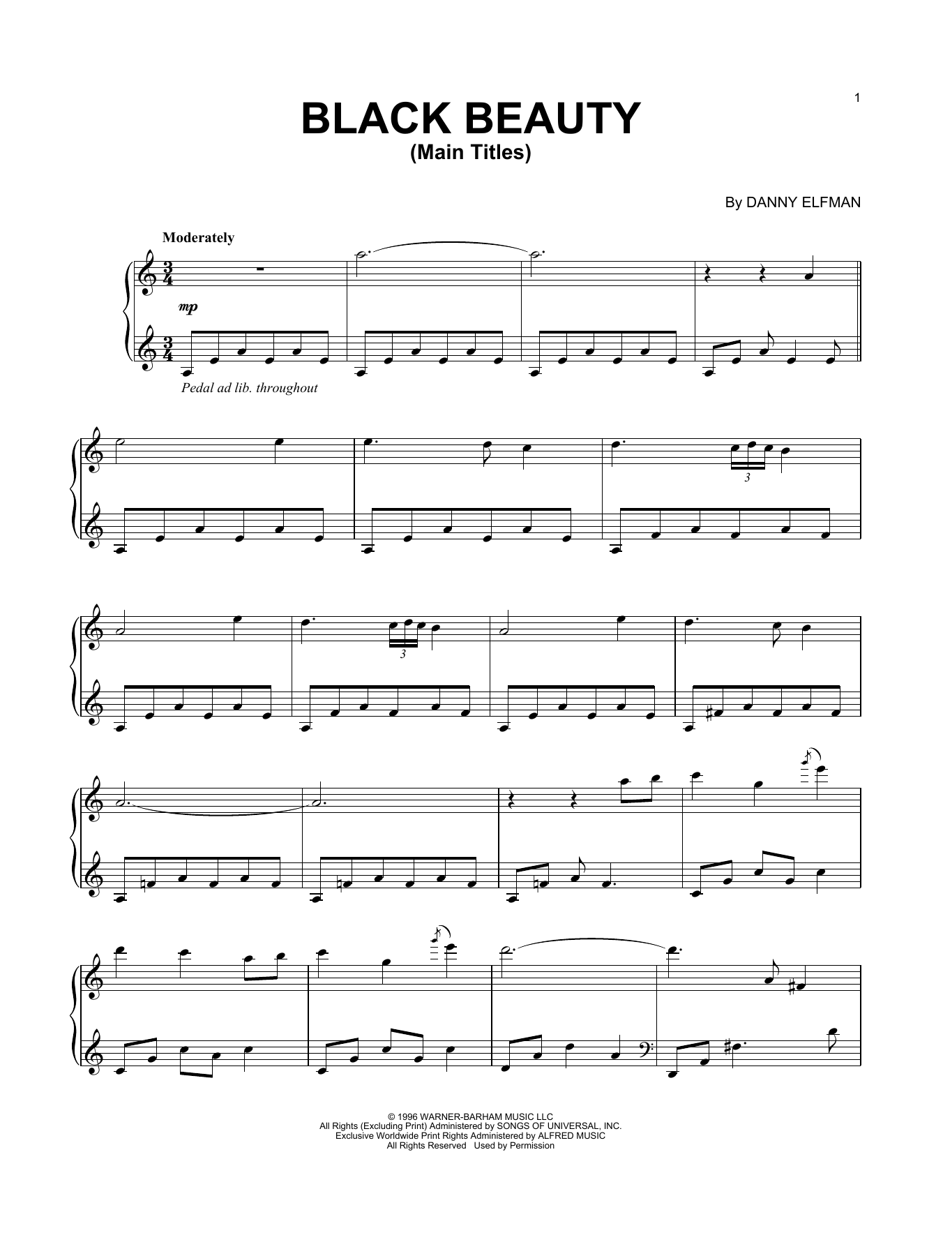 Danny Elfman Black Beauty (Main Titles) Sheet Music Notes & Chords for Piano Solo - Download or Print PDF
