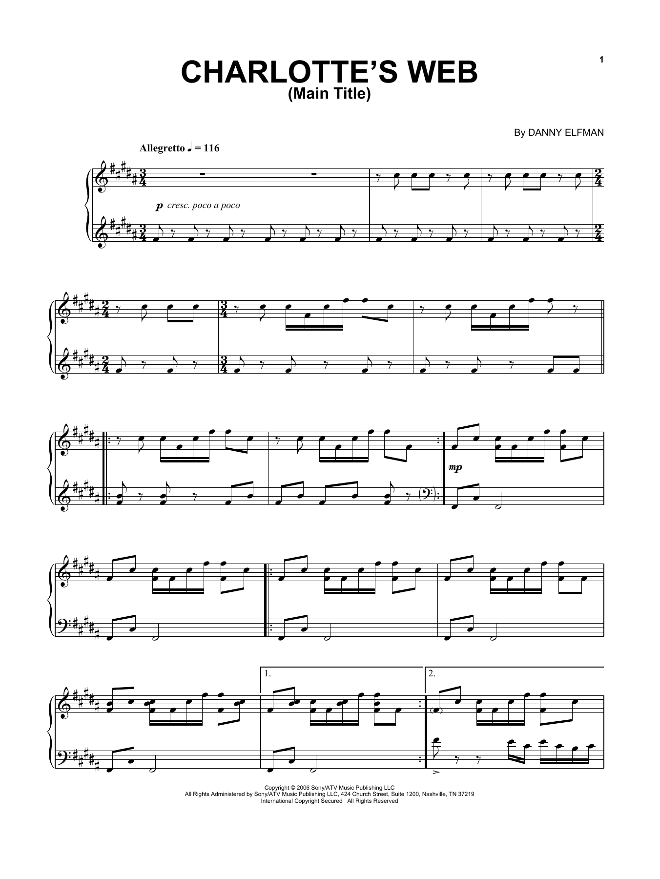 Danny Elfman Charlotte's Web Main Title Sheet Music Notes & Chords for Piano - Download or Print PDF