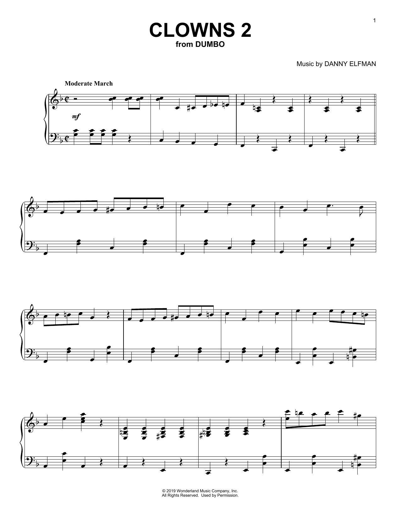 Danny Elfman Clowns 2 (from the Motion Picture Dumbo) Sheet Music Notes & Chords for Piano Solo - Download or Print PDF