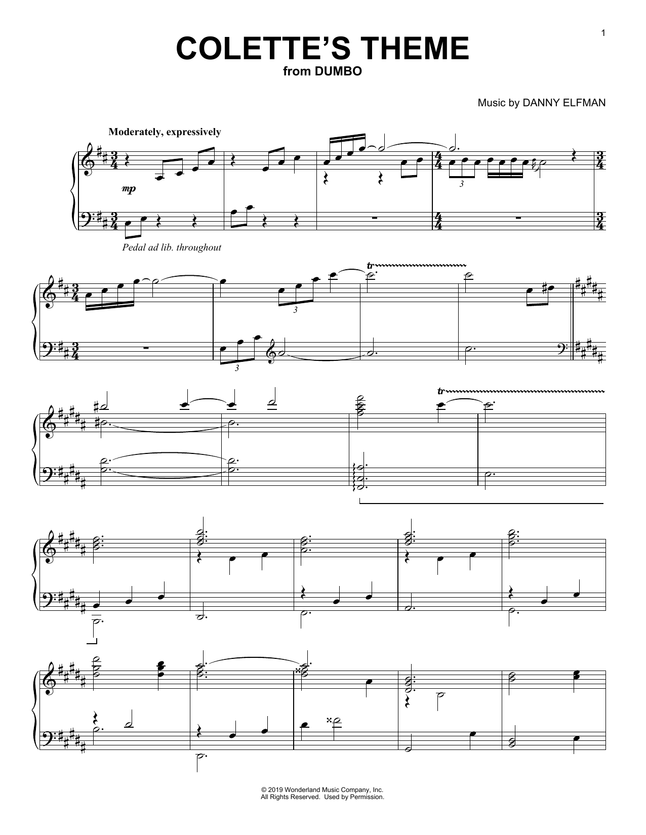 Danny Elfman Colette's Theme (from the Motion Picture Dumbo) Sheet Music Notes & Chords for Piano Solo - Download or Print PDF