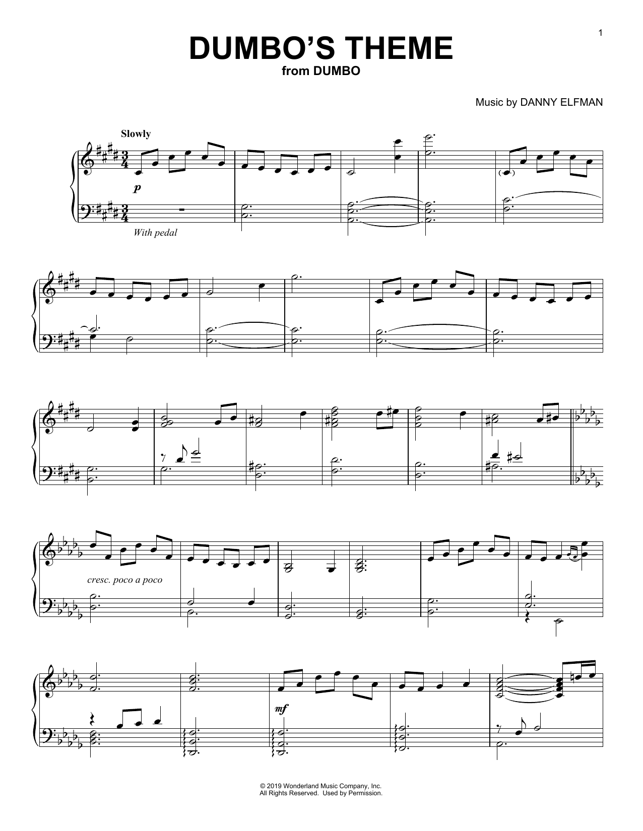 Danny Elfman Dumbo's Theme (from the Motion Picture Dumbo) Sheet Music Notes & Chords for Piano Solo - Download or Print PDF
