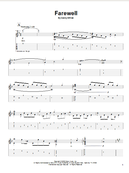 Danny Elfman Farewell Sheet Music Notes & Chords for Guitar Tab - Download or Print PDF