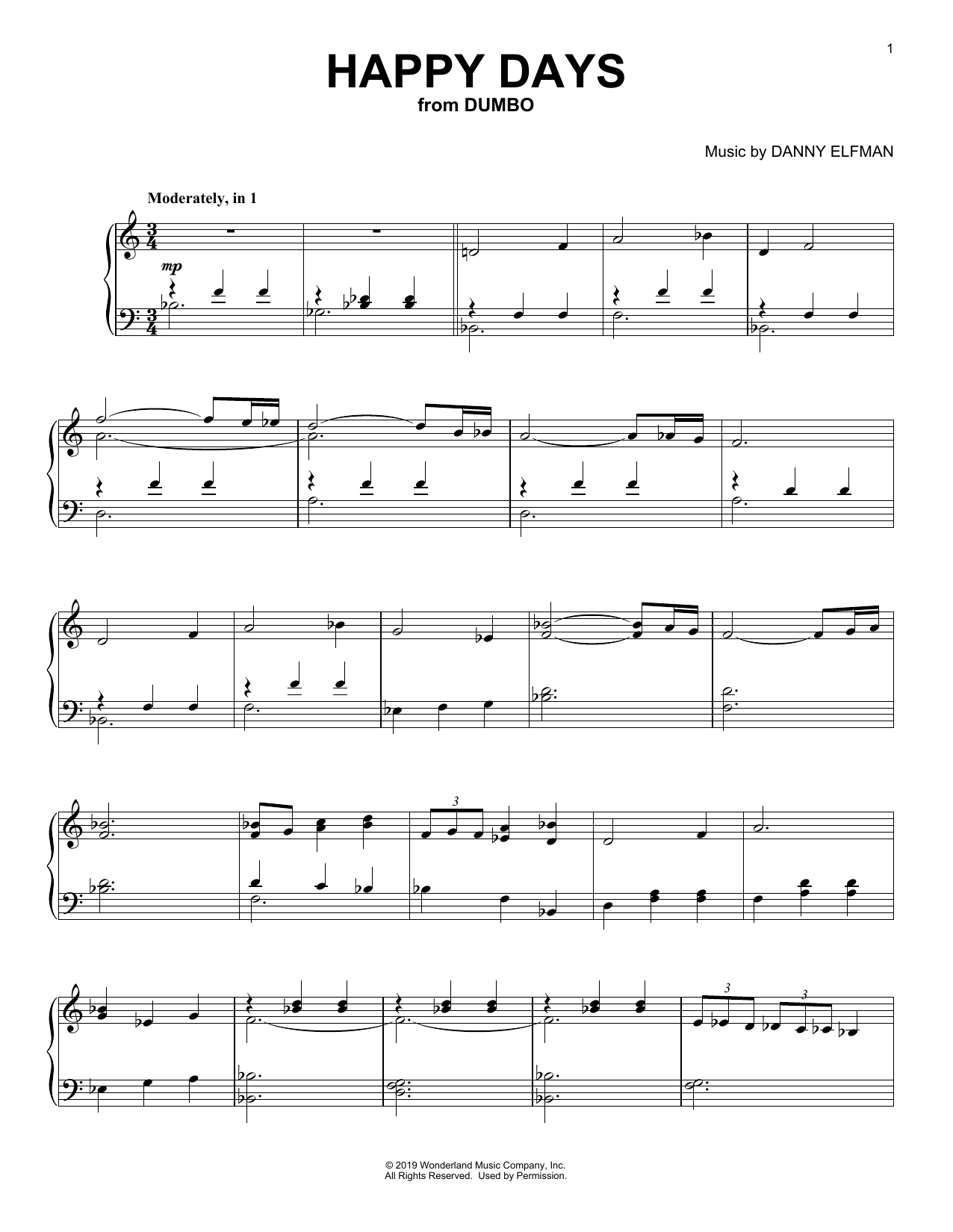 Danny Elfman Happy Days (from the Motion Picture Dumbo) Sheet Music Notes & Chords for Piano Solo - Download or Print PDF