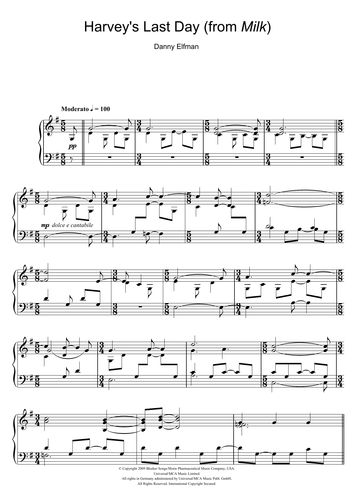 Danny Elfman Harvey's Last Day (from Milk) Sheet Music Notes & Chords for Piano - Download or Print PDF