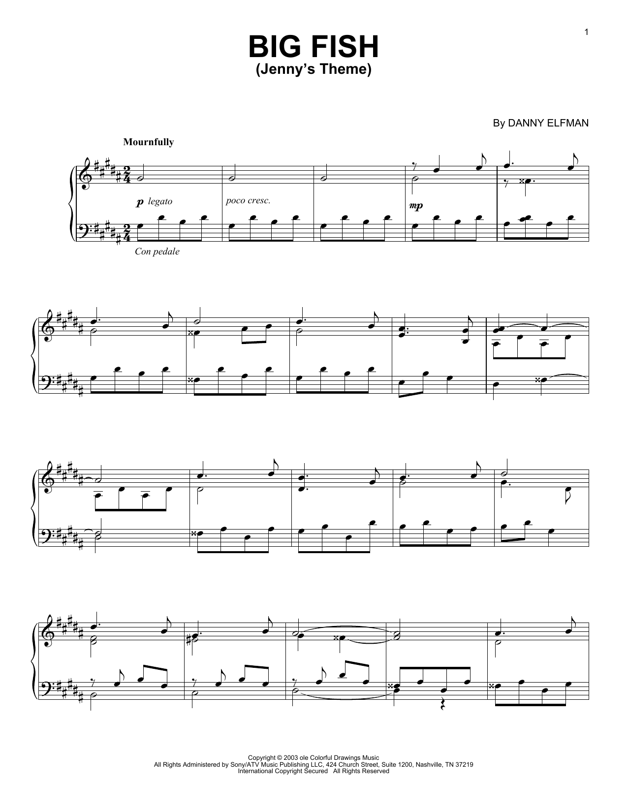 Danny Elfman Jenny's Theme Sheet Music Notes & Chords for Piano - Download or Print PDF
