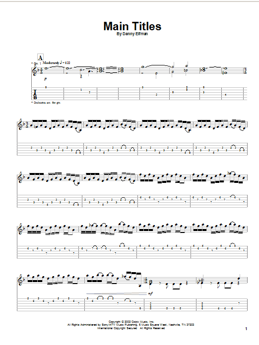 Danny Elfman Main Titles Sheet Music Notes & Chords for Guitar Tab - Download or Print PDF