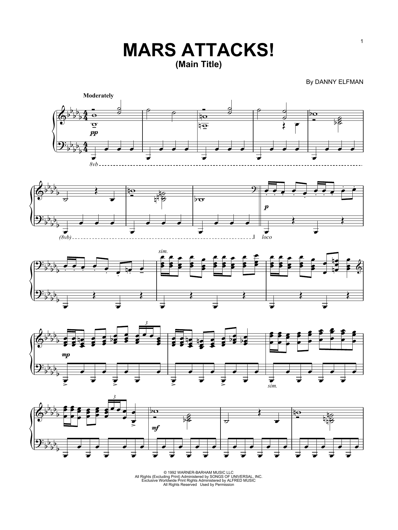 Danny Elfman Mars Attacks! (Main Title) Sheet Music Notes & Chords for Piano Solo - Download or Print PDF