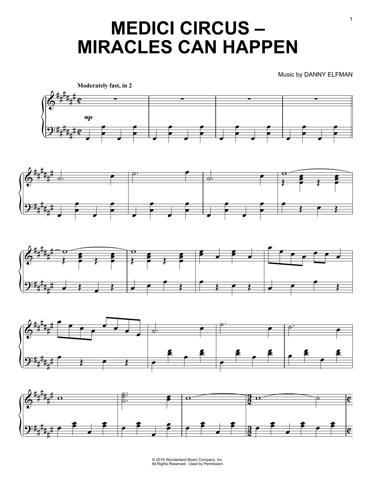 Danny Elfman Medici Circus-Miracles Can Happen (from the Motion Picture Dumbo) Sheet Music Notes & Chords for Piano Solo - Download or Print PDF