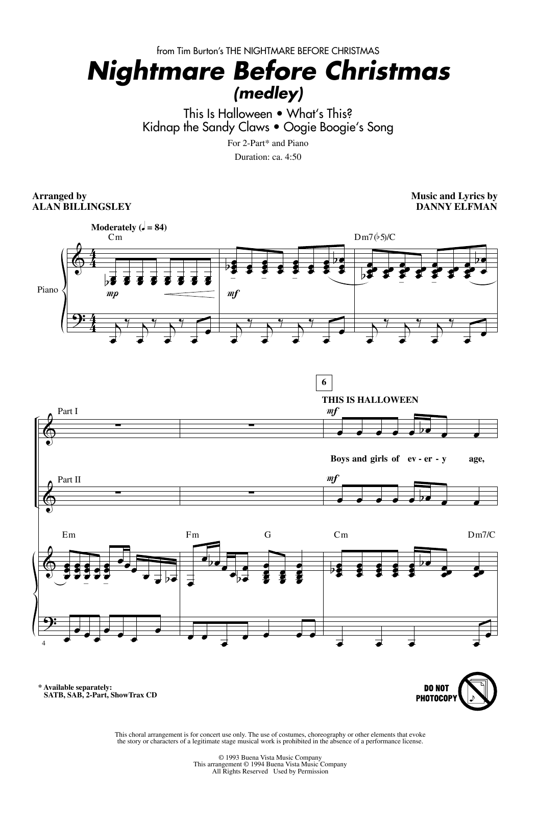 Alan Billingsley Nightmare Before Christmas (Medley) Sheet Music Notes & Chords for 2-Part Choir - Download or Print PDF
