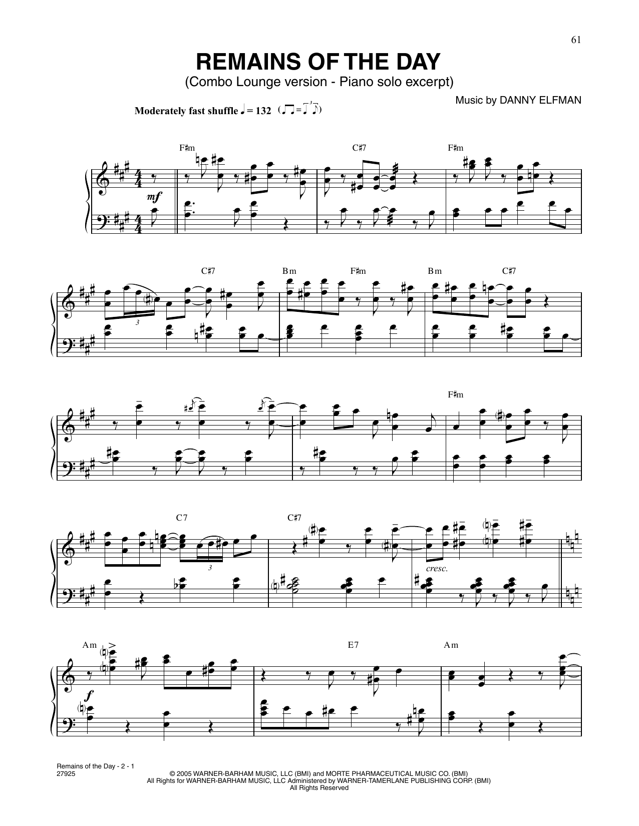 Danny Elfman Remains Of The Day (from Corpse Bride) Sheet Music Notes & Chords for Piano Solo - Download or Print PDF