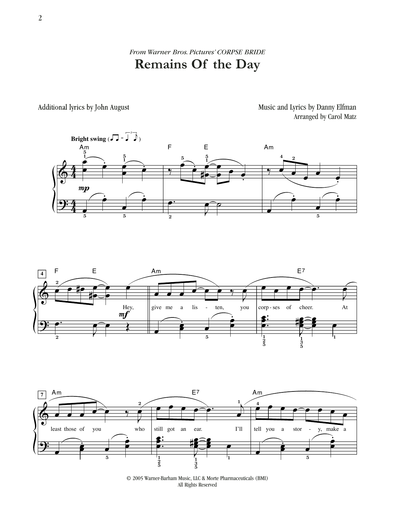 Danny Elfman Remains Of The Day (from Corpse Bride) (arr. Carol Matz) Sheet Music Notes & Chords for Easy Piano - Download or Print PDF