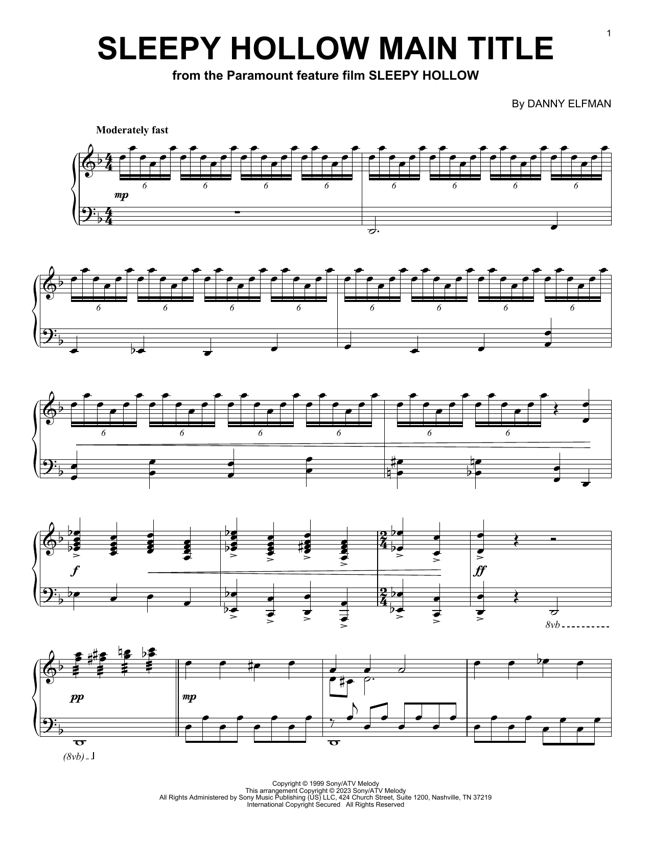 Danny Elfman Sleepy Hollow Main Title Sheet Music Notes & Chords for Piano Solo - Download or Print PDF