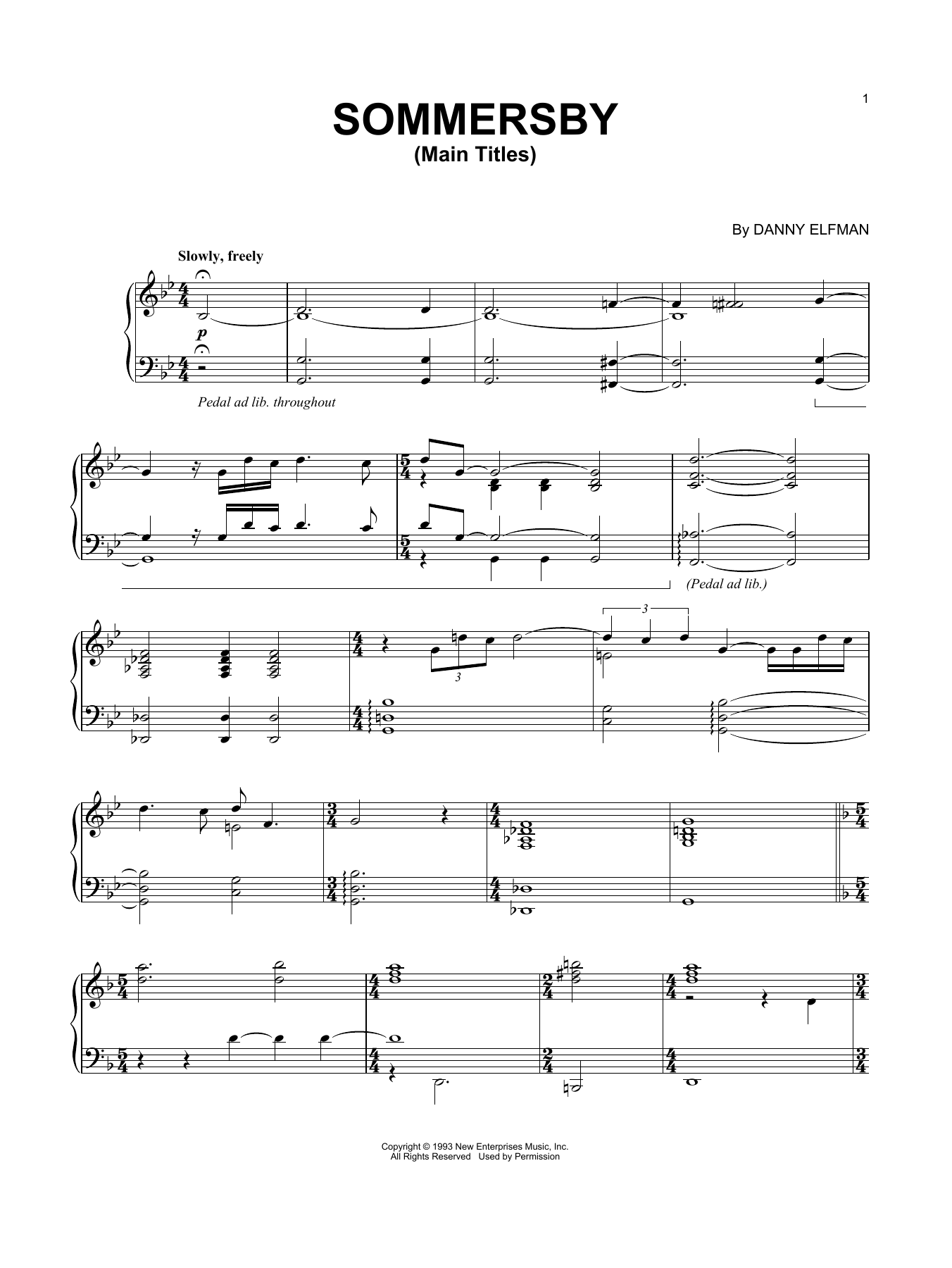 Danny Elfman Sommersby - Main Titles Sheet Music Notes & Chords for Piano - Download or Print PDF