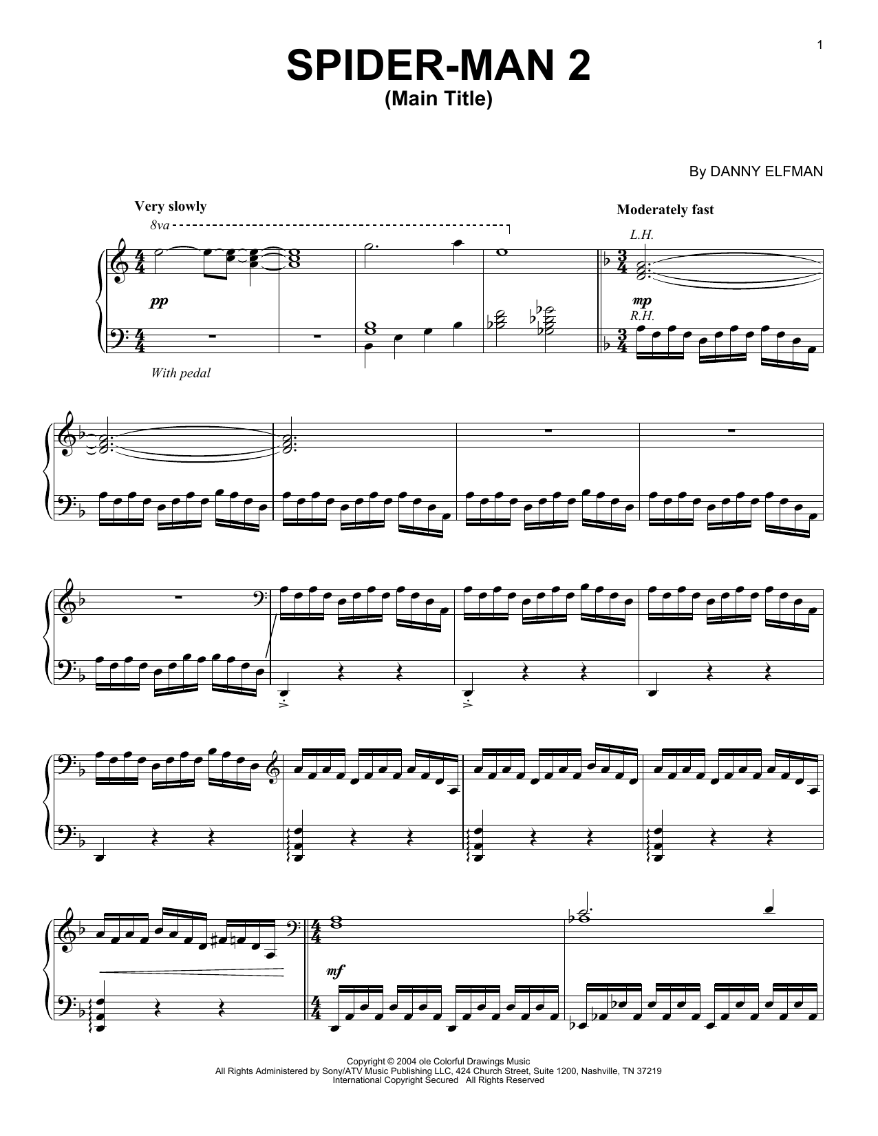Danny Elfman Spider-Man 2 (Main Title) Sheet Music Notes & Chords for Piano - Download or Print PDF
