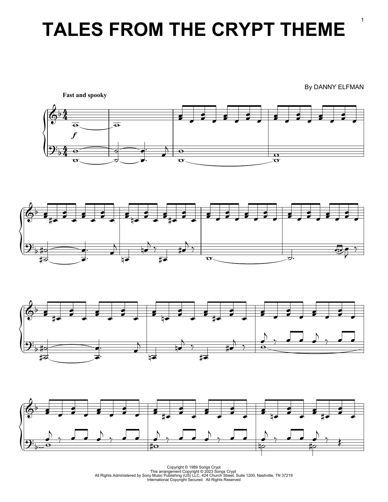 Danny Elfman Tales From The Crypt Theme Sheet Music Notes & Chords for Piano - Download or Print PDF