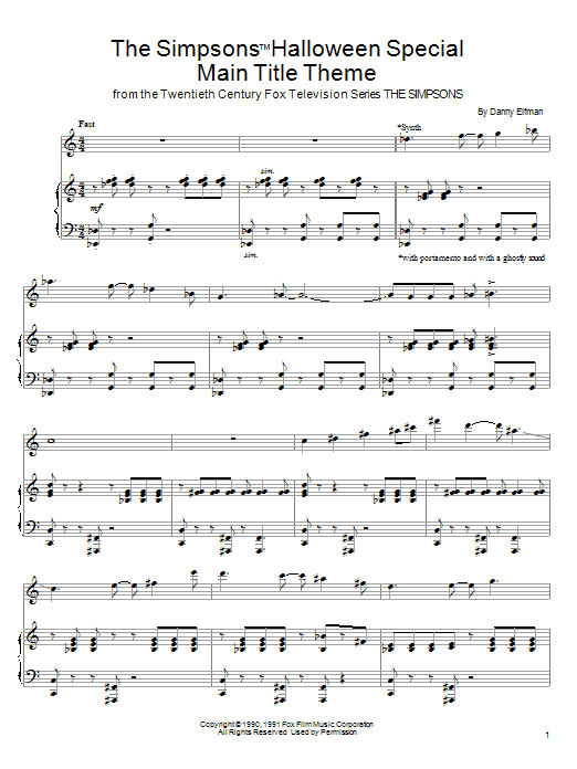 Danny Elfman The Simpsons Halloween Special Main Title Theme Sheet Music Notes & Chords for Piano, Vocal & Guitar (Right-Hand Melody) - Download or Print PDF