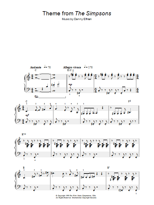 Danny Elfman Theme From The Simpsons Sheet Music Notes & Chords for Piano Solo - Download or Print PDF