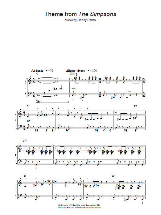 Danny Elfman Theme From The Simpsons Sheet Music Notes & Chords for Keyboard - Download or Print PDF