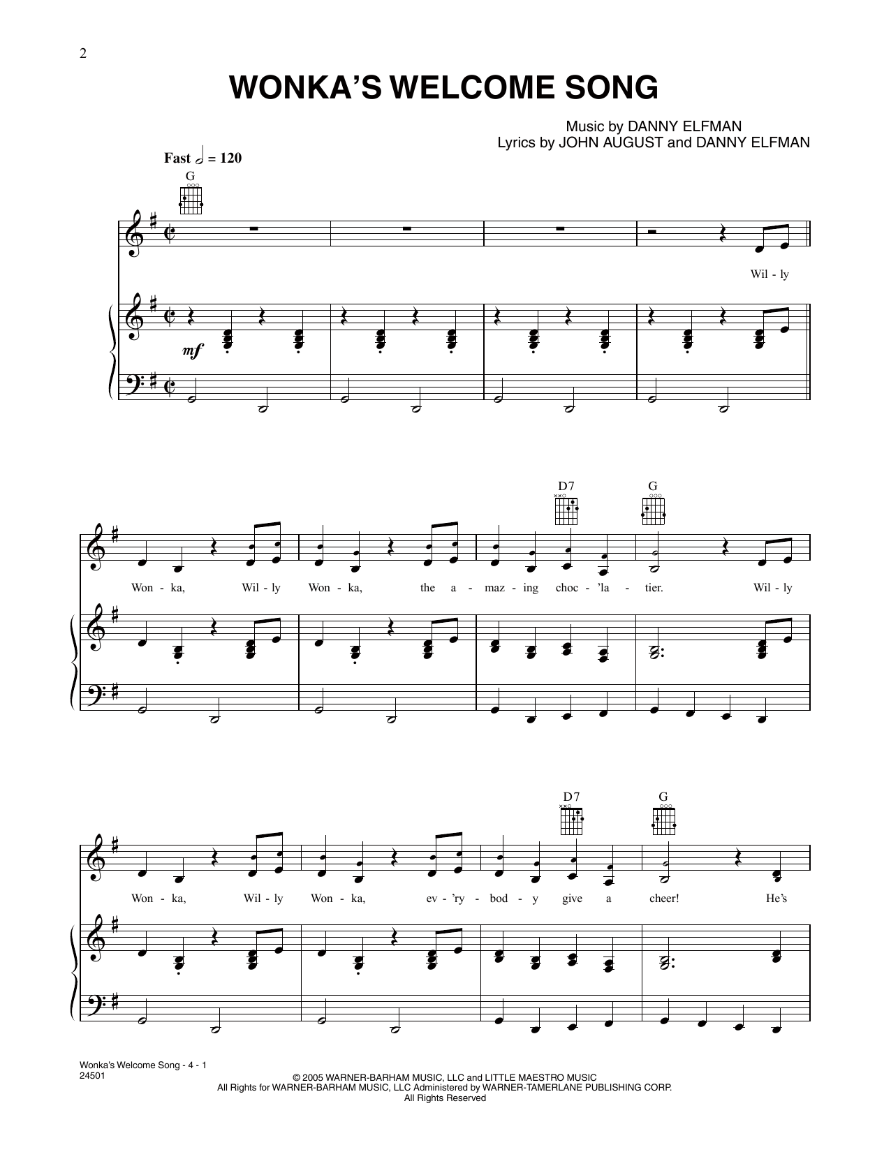 Danny Elfman Wonka's Welcome Song (from Charlie And The Chocolate Factory) Sheet Music Notes & Chords for Piano, Vocal & Guitar Chords (Right-Hand Melody) - Download or Print PDF