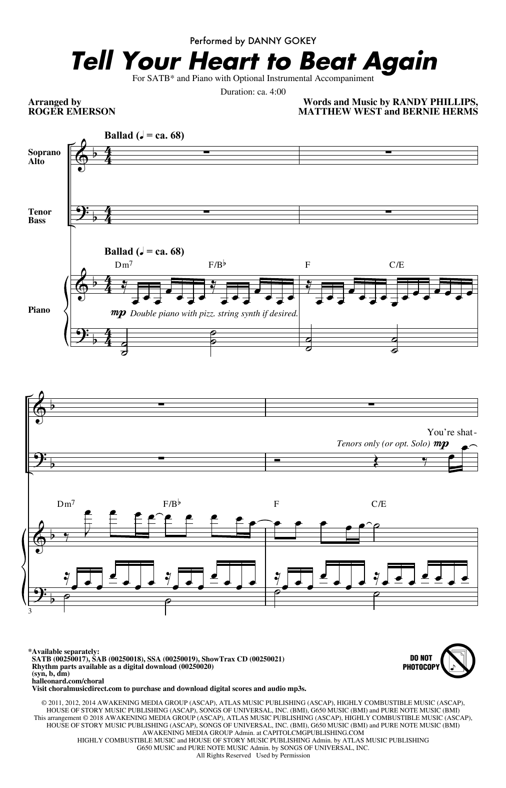 Danny Gokey Tell Your Heart To Beat Again (arr. Roger Emerson) Sheet Music Notes & Chords for SATB - Download or Print PDF