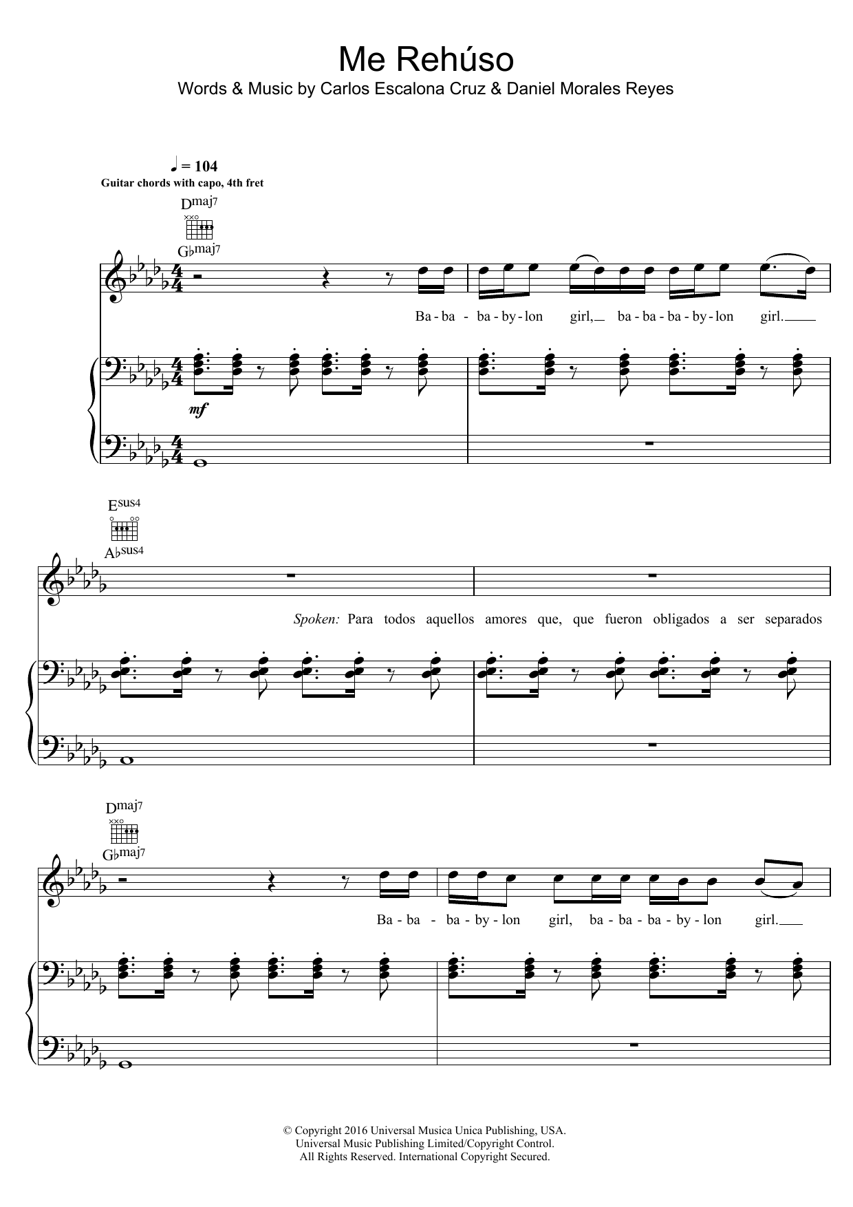 Danny Ocean Me Rehuso Sheet Music Notes & Chords for Piano, Vocal & Guitar - Download or Print PDF