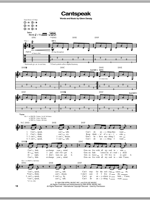 Danzig Cantspeak Sheet Music Notes & Chords for Guitar Tab - Download or Print PDF