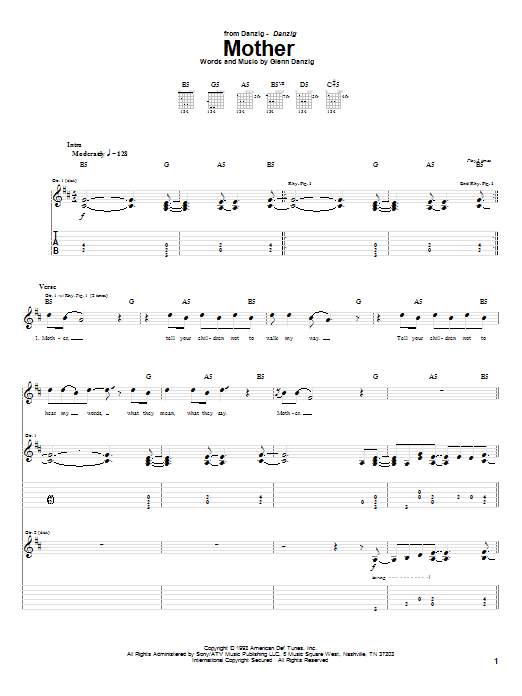 Danzig Mother Sheet Music Notes & Chords for Guitar Tab Play-Along - Download or Print PDF