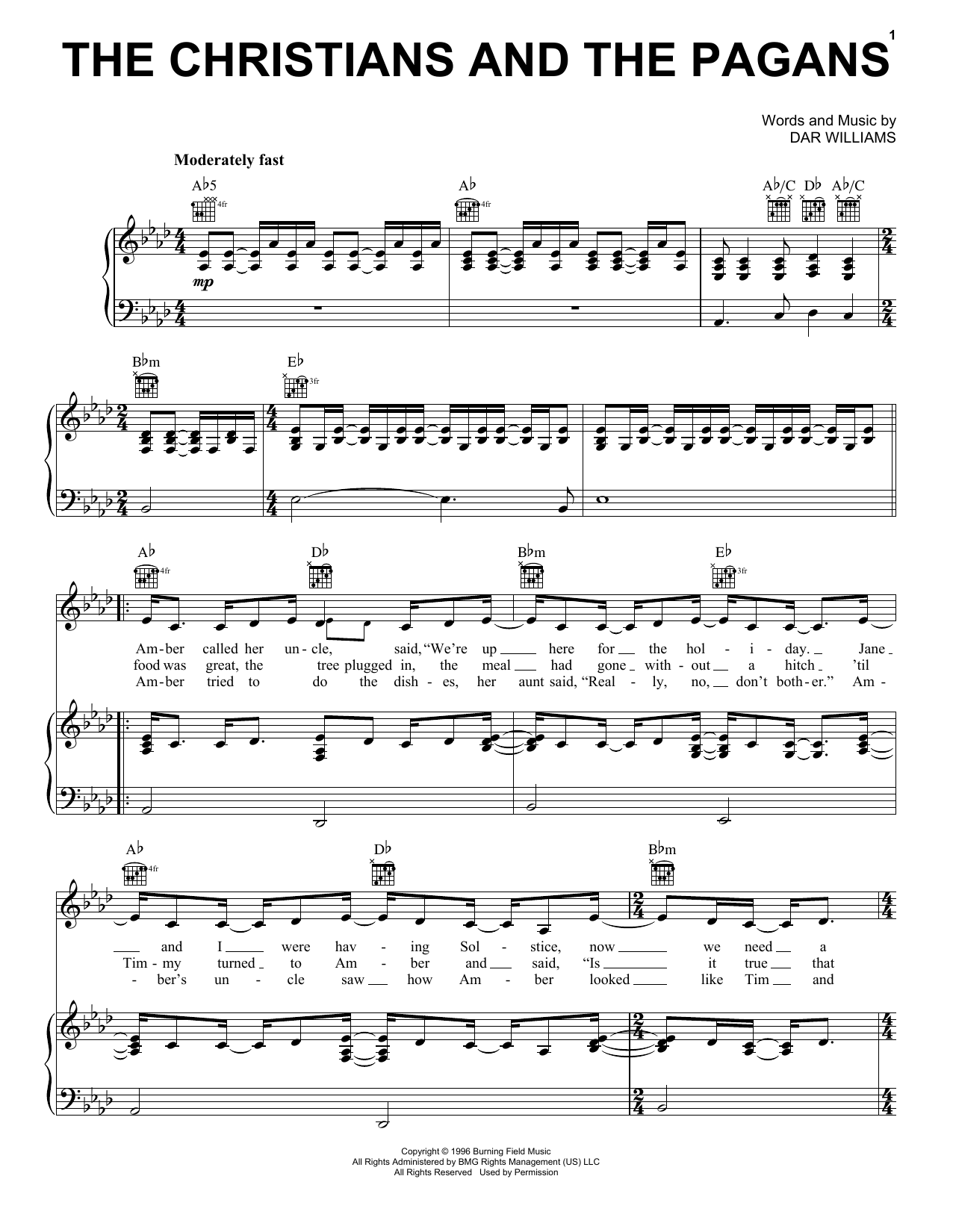 Dar Williams The Christians And The Pagans Sheet Music Notes & Chords for Piano, Vocal & Guitar (Right-Hand Melody) - Download or Print PDF