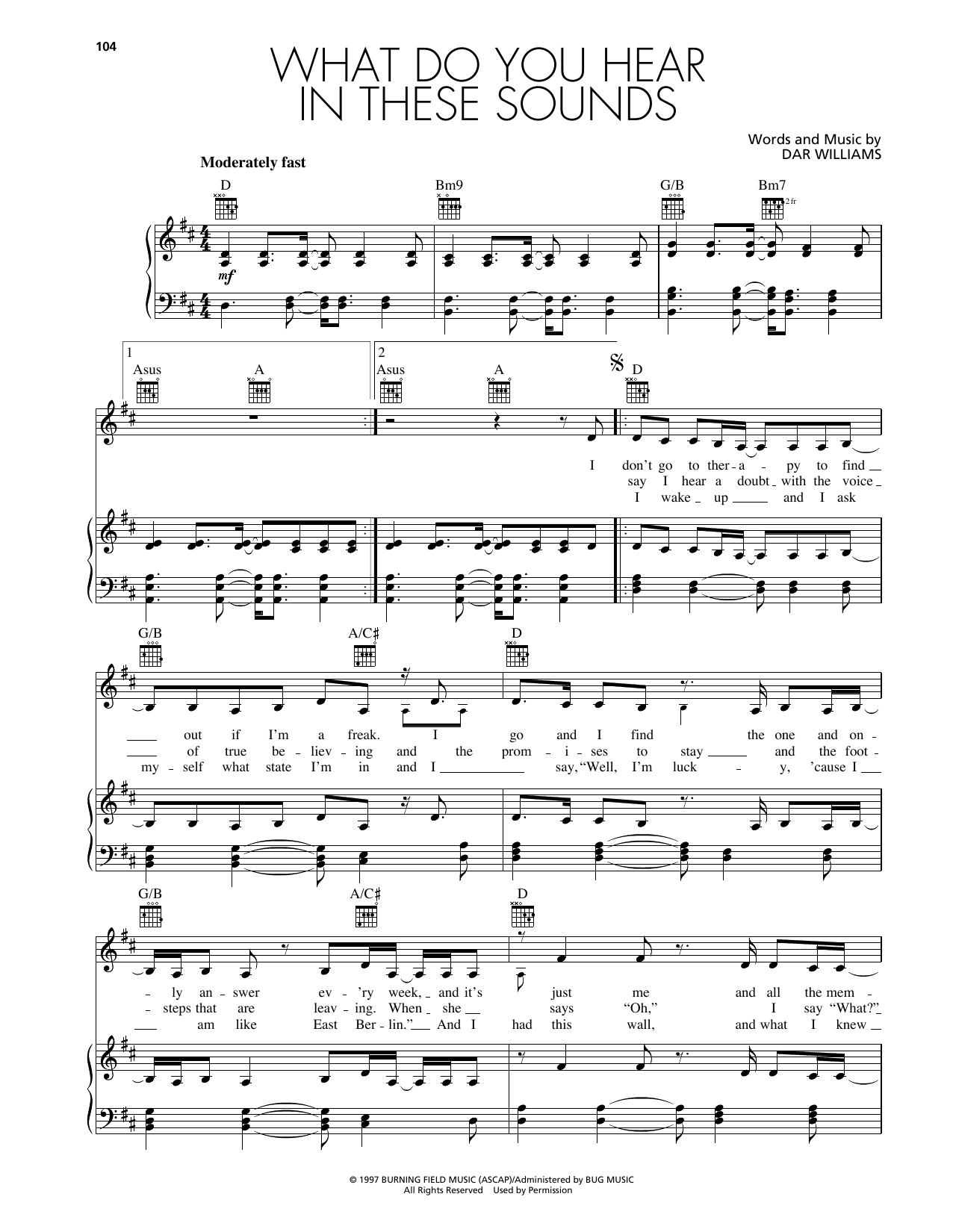Dar Williams What Do You Hear In These Sounds Sheet Music Notes & Chords for Piano, Vocal & Guitar Chords (Right-Hand Melody) - Download or Print PDF