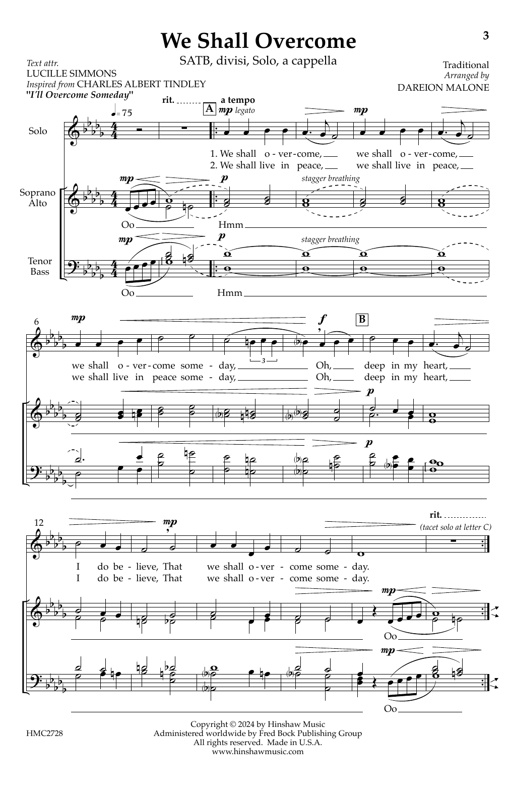 Dareion Malone We Shall Overcome Sheet Music Notes & Chords for SATB Choir - Download or Print PDF