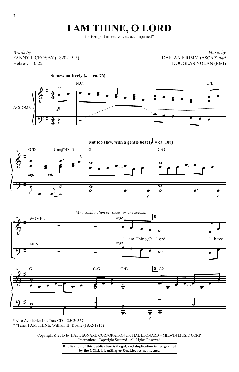Darian Krimm I Am Thine, O Lord Sheet Music Notes & Chords for 2-Part Choir - Download or Print PDF