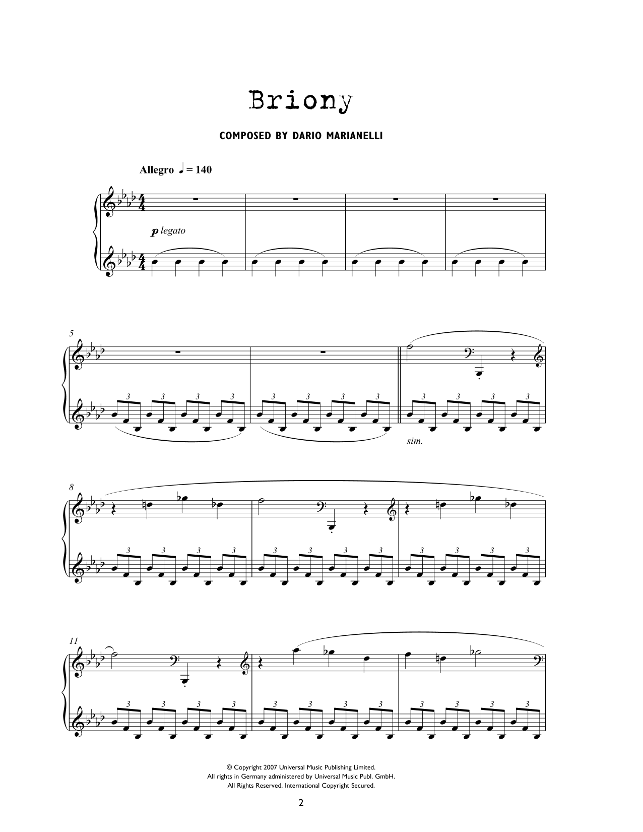 Dario Marianelli Briony (from Atonement) Sheet Music Notes & Chords for Piano Solo - Download or Print PDF