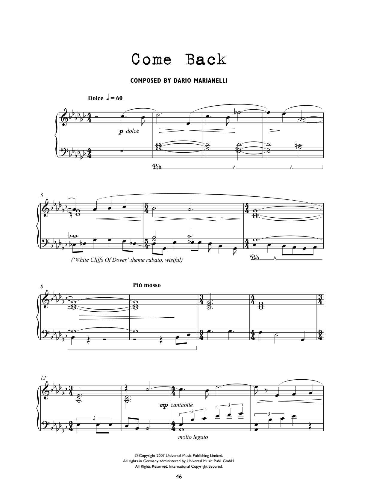 Dario Marianelli Come Back (from Atonement) Sheet Music Notes & Chords for Piano Solo - Download or Print PDF
