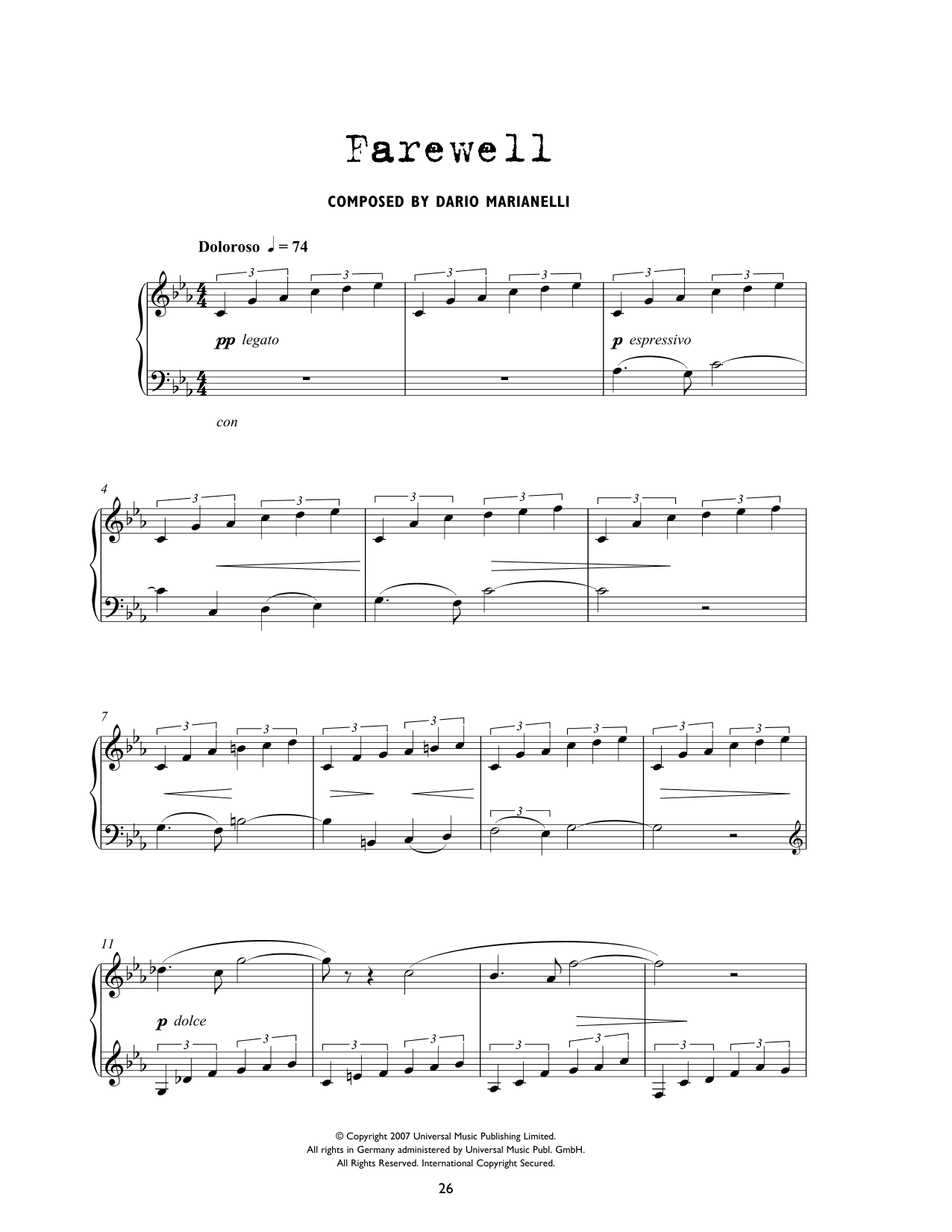 Dario Marianelli Farewell (from Atonement) Sheet Music Notes & Chords for Piano Solo - Download or Print PDF