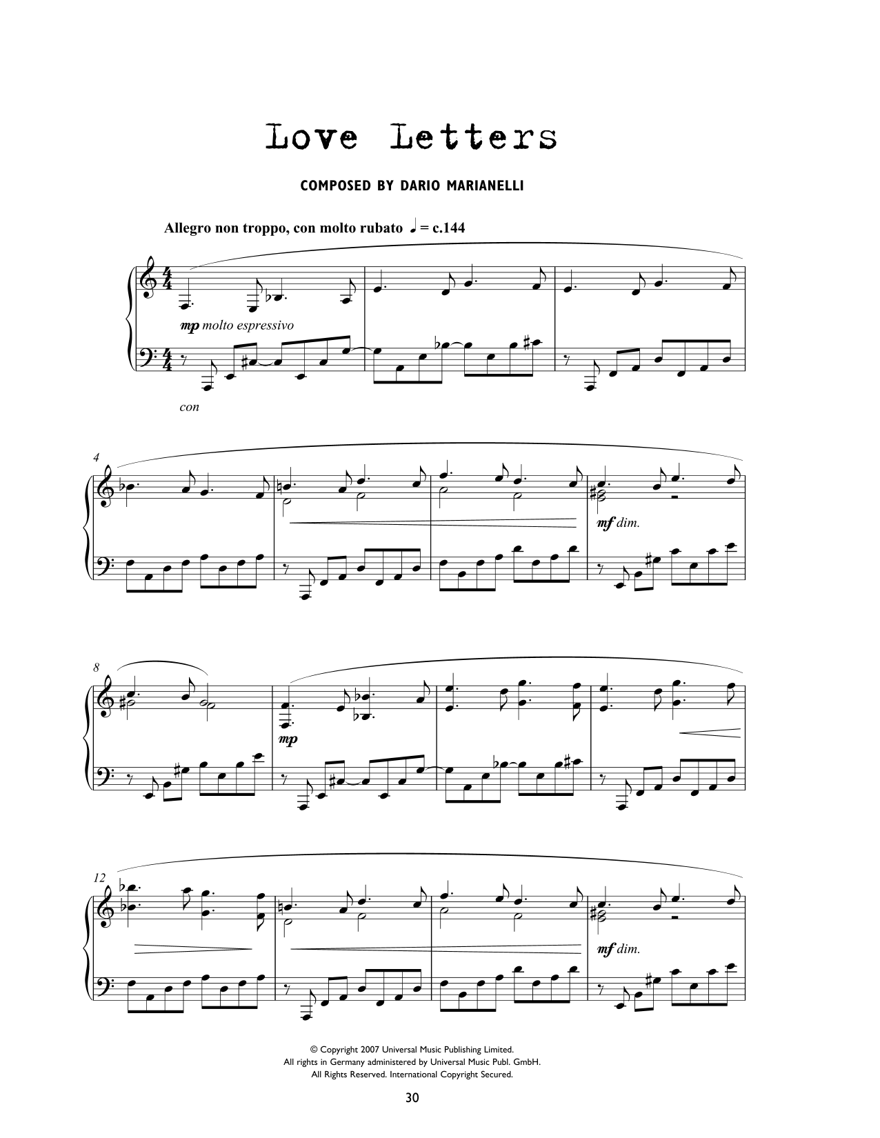 Dario Marianelli Love Letters (from Atonement) Sheet Music Notes & Chords for Piano Solo - Download or Print PDF