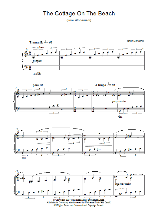 Dario Marianelli The Cottage On The Beach Sheet Music Notes & Chords for Piano - Download or Print PDF Dario Marianelli The Cottage On The Beach Sheet Music Notes & Chords for Piano - Download or Print PDF